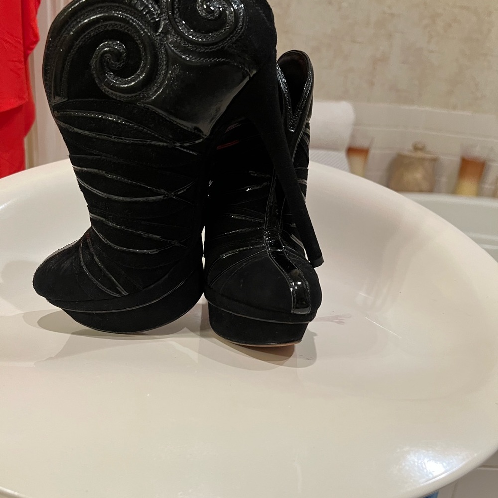 BRIAN ATWOOD Black Suede And Patent Leather Textured Bootie Size 37 - Picture 2 of 15